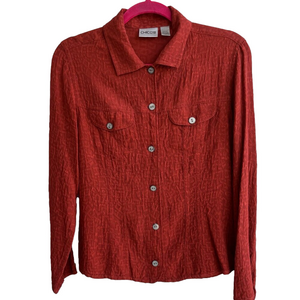 Chico's Blouse Size 0=small Silk Button Up  Rust Long Sleeve Geometric pattern